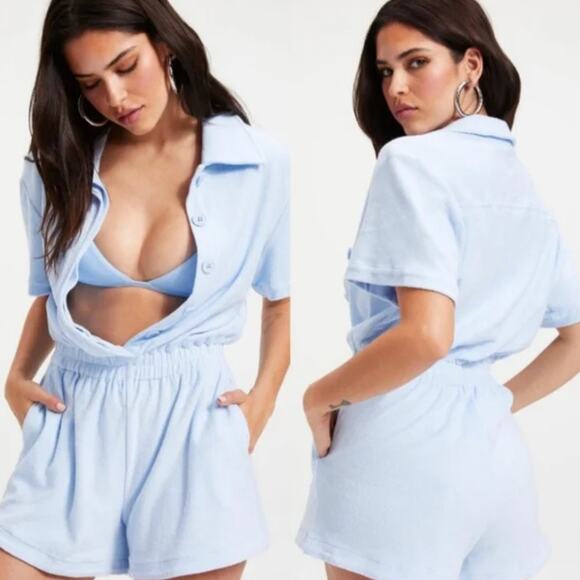 Good American Pants - Good American Iced Blue Terry Cover Up Romper Size Large